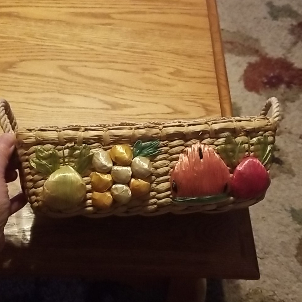 Vintage Raised Fruit Lined Handmade Pyrex Basket